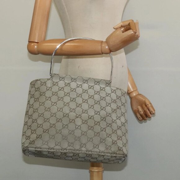 GUCCI GG Canvas Hand Bag Suede Gray Silver 000 0801 Auth 140096 - Picture 1 of 16